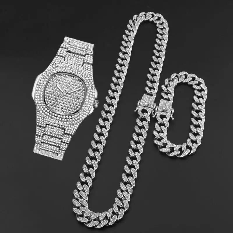 Kit Cravejado Completo Relógio Patek + Corrente Cuban + Pulseira Cuban - Ice / Moda Masculina / Estilo Neymar / Zircônia / Joias / Trap Hip-Hop / Diamante / Brilhante / Acessórios / Promoção / Colar Cordão Prata