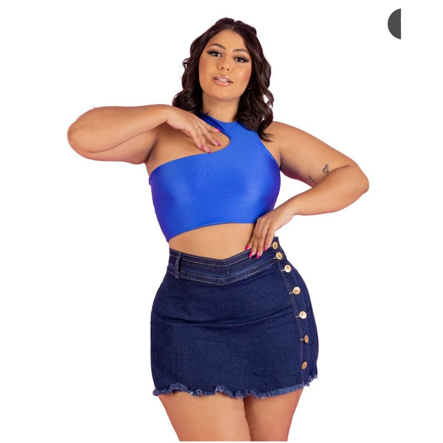 Short Saia Jeans Plus Size Cintura Alta com Lycra - JEANS MM