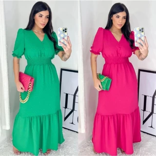 Vestido longo liso tecido com bolinhas roxo/verde/rozé de Praia Cotidiano com Decote em V manga curta tamanho único G