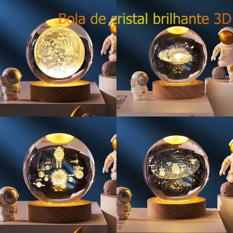 Bola de cristal luminosa para luz noturna, Bola de cristal criativa, Série  Galaxy, Base de madeira