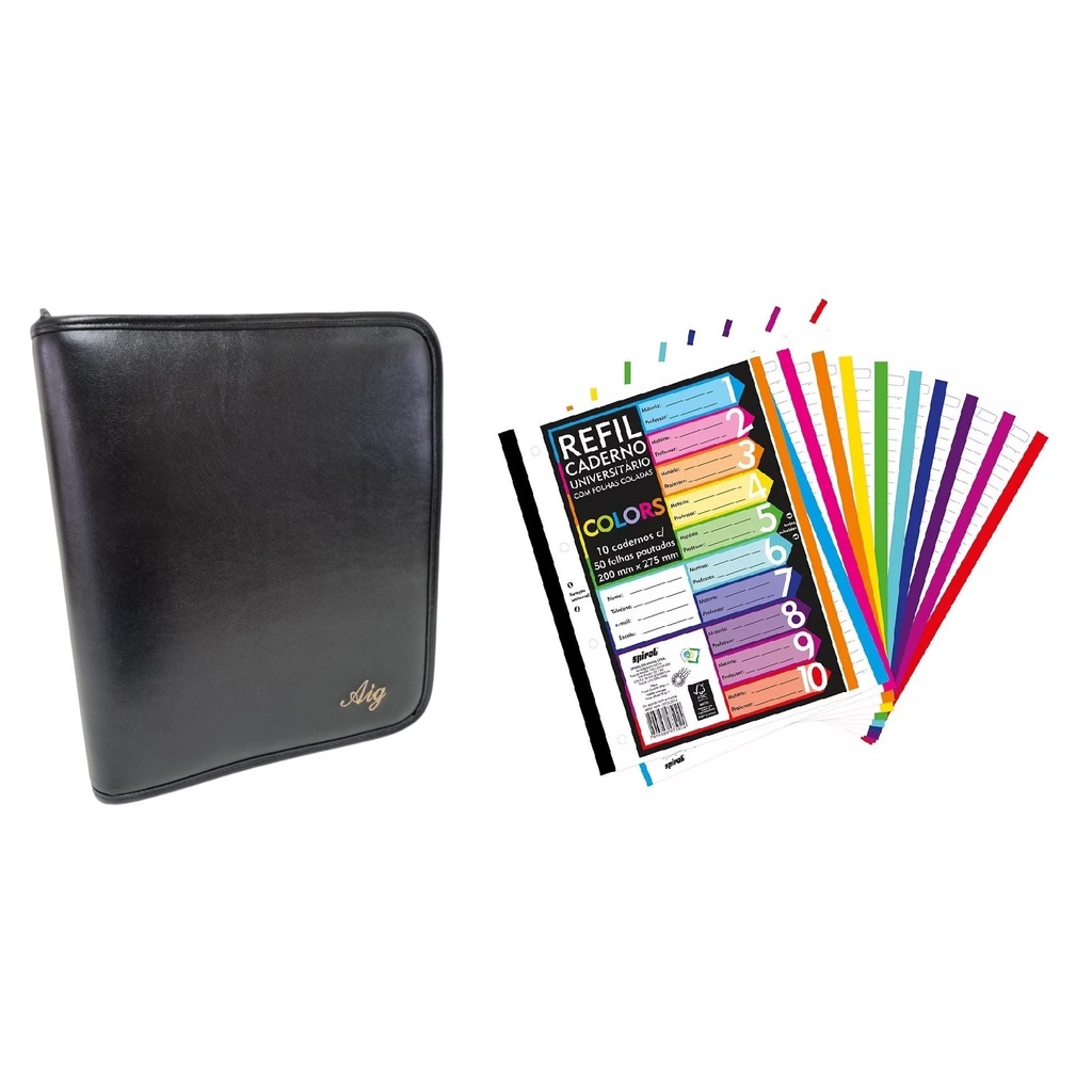 Fichário Argolas Grandes Universitário Zíper Com 500 Folhas A4 Coloridas + Divisórias