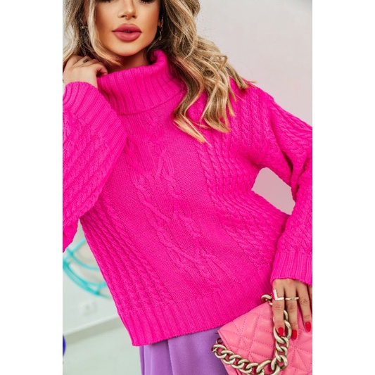 Blusa Feminina Gola Alta Pink Neon Tricot Moda Blogueira Manga Longa