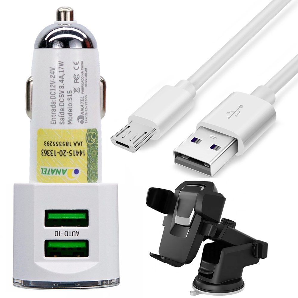 Carregador Celular Turbo Veicular Carro 2 Usb Com Cabo USB Incluso Compatível iPhone/Android Com Suporte Veicular Painel