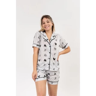 Pijama short doll americano blogueirinha estampado coração botão amamentação gestante pós parto maternidade