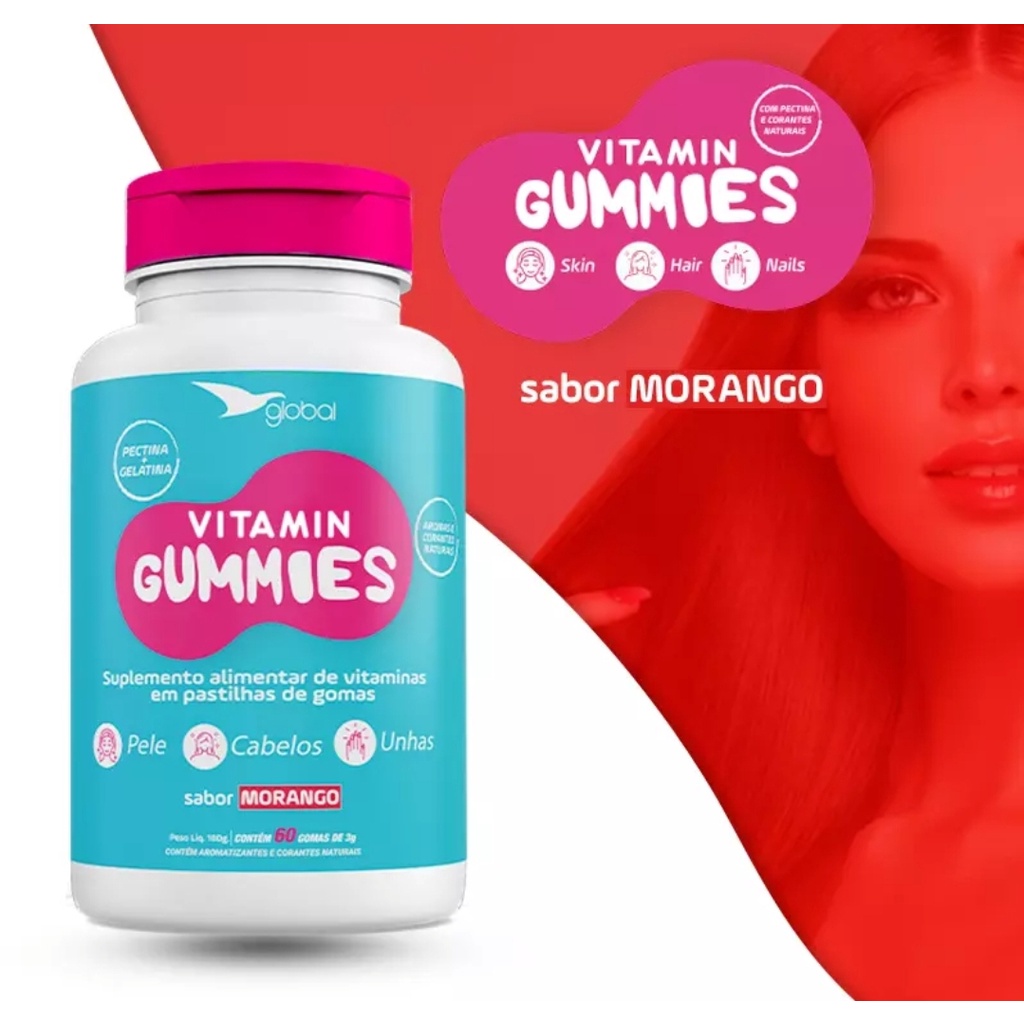 VITAMIN GUMMIES MORANGO Vitamina em Gomas para Cabelos, Pele e Unhas