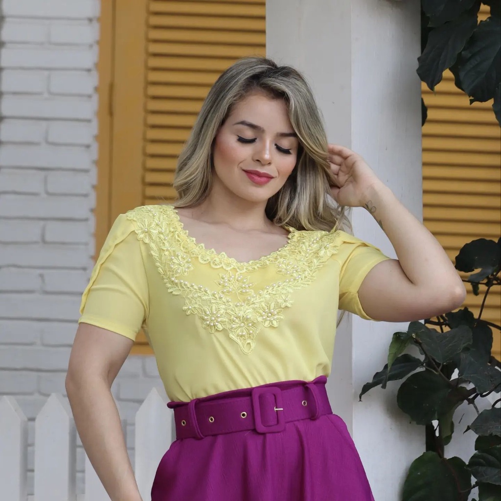 Blusa Camisa Manga Curta Renda Social Moda Evangélica Social