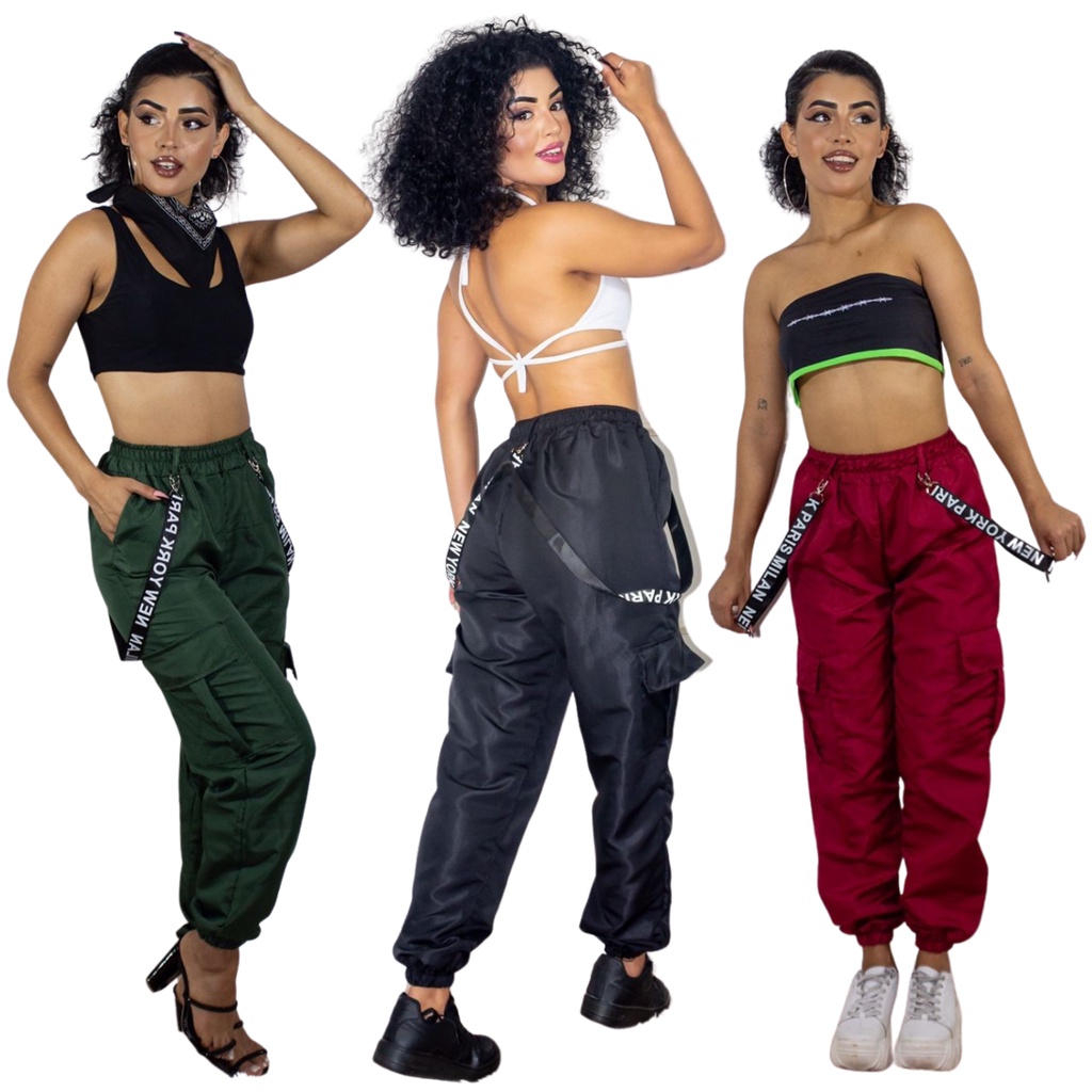 Calça Jogger Cargo Feminina Tactel Com Fita - Gringa Street - Calça Suspensório Tok Tok Story