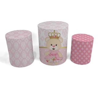 Kit Trio Capa De Cilindro Em Tecido Para Decoração Festa Tema Ursinha Realeza