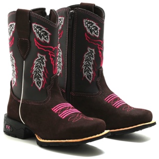 Botinha Botina Infantil Feminina Texana Country Bico Quadrado Bordado Boi Rosa Montaria Menina