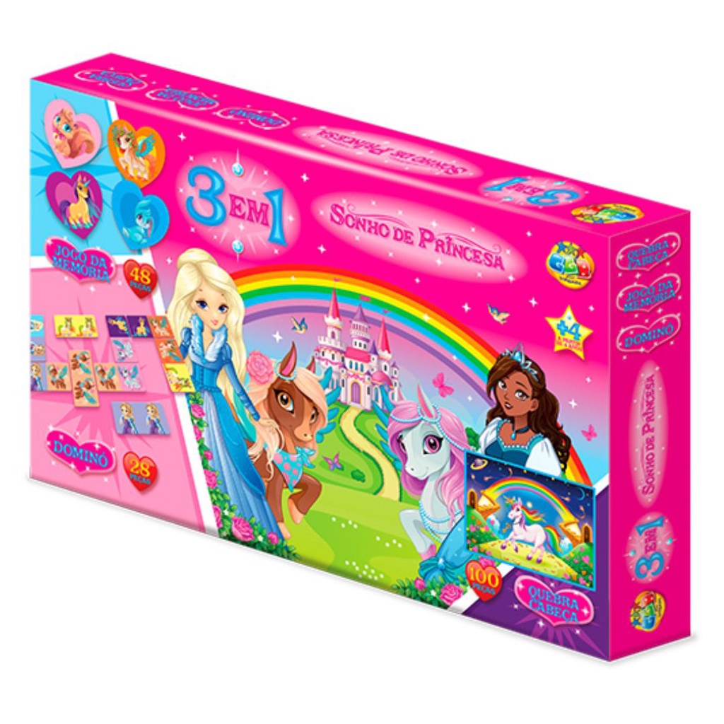 Quebra Cabeça Sonho de Princesas 100 Peças + Jogo da Memória e Dominó ...