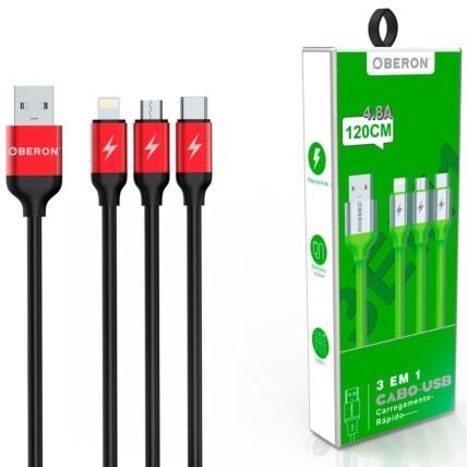 Cabo USB 3 em 1 Lightning / Type-C / V8 1,2 Metros para Celular OBERON - OR-CO06