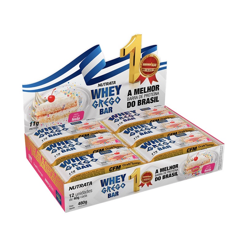 BARRA DE PROTEÍNA WHEY GREGO BOLO DE FESTA NUTRATA (CX C/ 12 UN DE 40G)