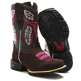 Bota Botina Infantil Feminina Texana Country Bico Quadrado Bordado Boi Rosa Montaria Menina Rodeio