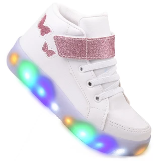 Botinha Feminino Infantil Tenis De Led Meninas Borboleta Glitter Branca GeG