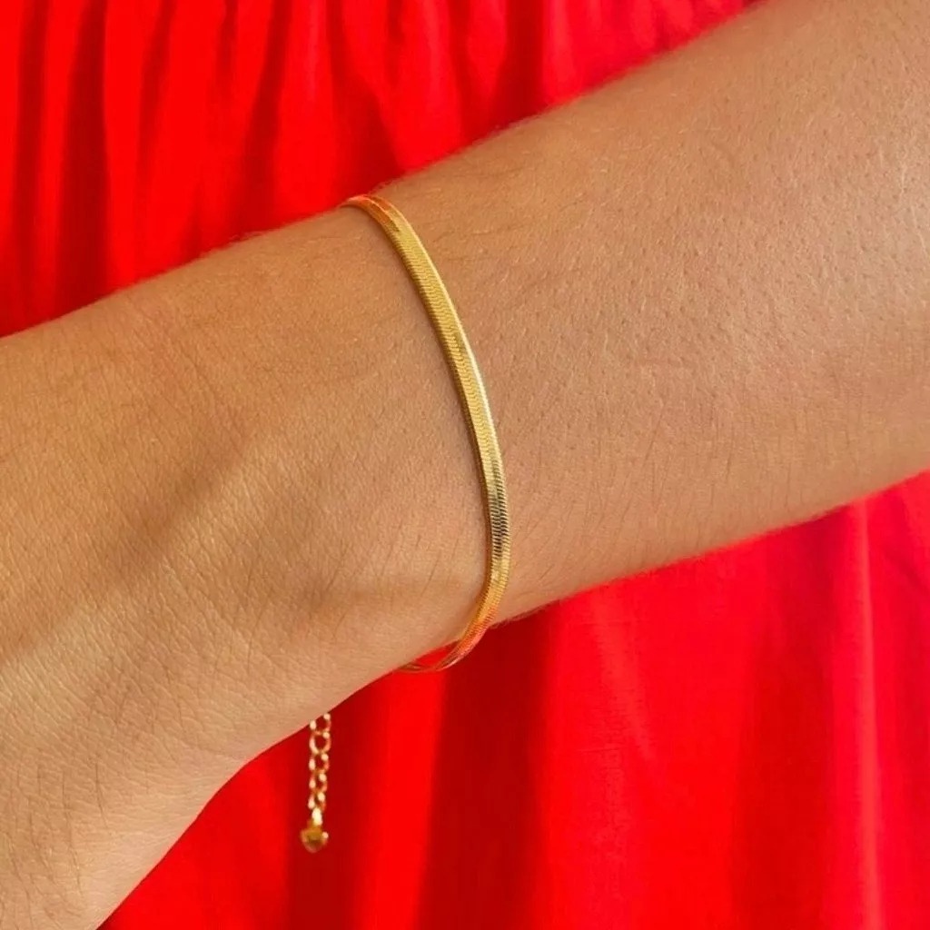 [ SEMI JÓIA ] Pulseira Feminina Malha Lisa Banho Alto Padrão em Ouro 18k ou Prateado Anti Alérgico