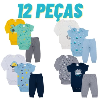 Kit Roupa De Bebe 12 Peças Body Manga Longa e Curta E Mijão Algodão Menino ou Menina Sortido