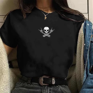 Camiseta Feminina Caveira Rock Blusa estampada preta de algodão