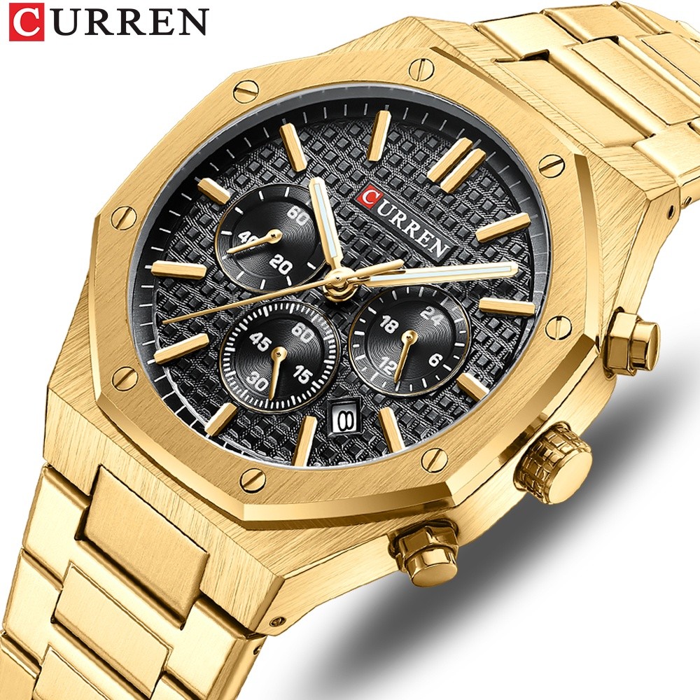 CURREN Relógios Masculinos Marca Original Aço Inoxidável Mãos Luminosas Multifuncionais Moda Luxo Desportivo Casual Quartzo À Prova D