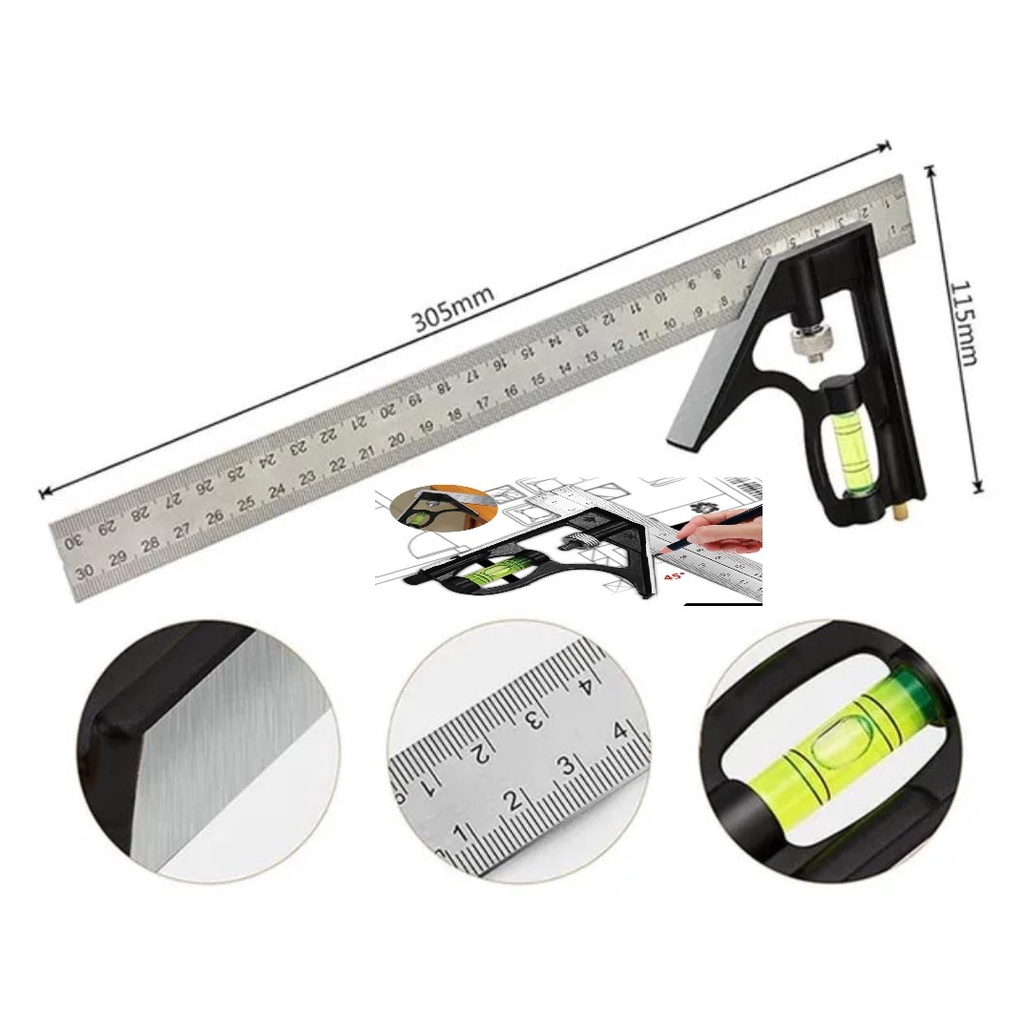 Esquadro Combinado Profissional Em Aço Inox 30 Cm - 12 Pol.