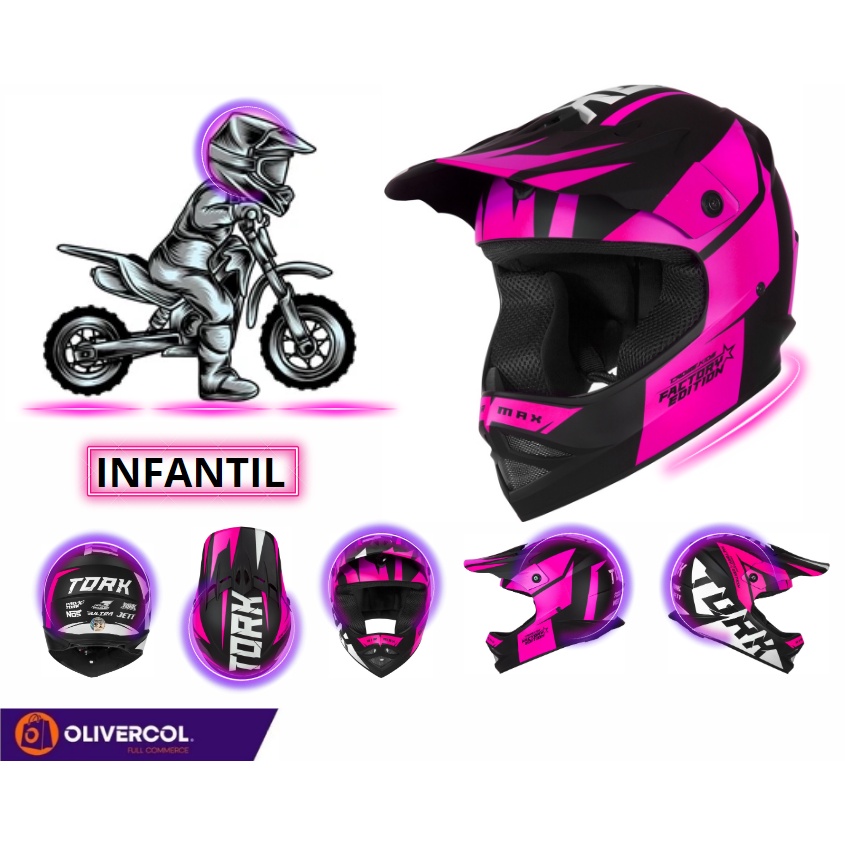 Capacete Rosa Motocross Motos Pro Tork Infantil Factory Edition Neon Girl  Piloto Menina Trilheira Esporte Corrida Estrada Trilha