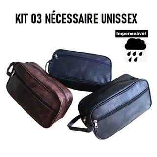 Kit 03 Necessaire Masculina Com Alça Lateral Organizador Mala Viagem Couro