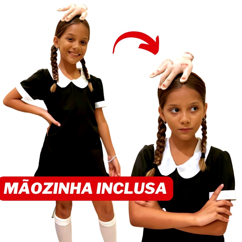 Fantasia Infantil Wandinha com Mãozinha Família Addams - Envio Imediato