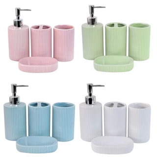 Kit de Banheiro Cerâmica com 4 Peças Porta Sabonete Líquido/Saboneteira/Porta Escova/Porta algodão