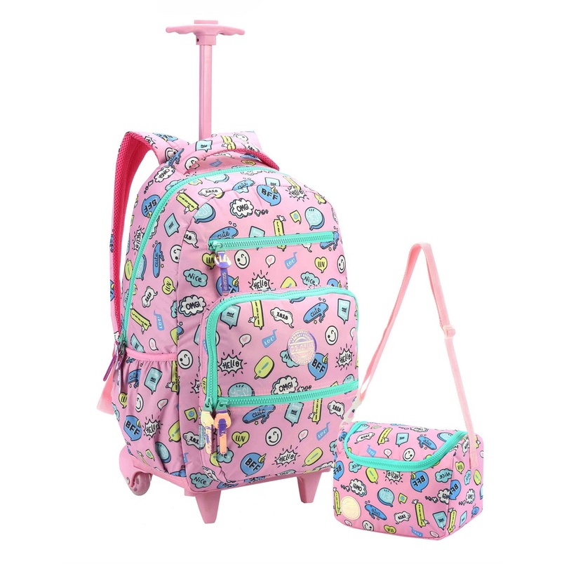 Kit Mochila Escolar Rodinhas Feminina Menina Infantil Juvenil Estampada Rosa Lilás Azul Amarelo Lancheira Térmica Impermeável Seanite