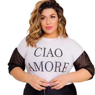Blusa Plus Size Cropped T-shirt Manga Paetê Moda Feminina - Cião