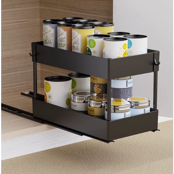 Organizador Multiuso para Casa Rack 2 Andares de Objetos Retrátil Deslizante Armário Lavanderia Prateleira Cozinha Pia Preto