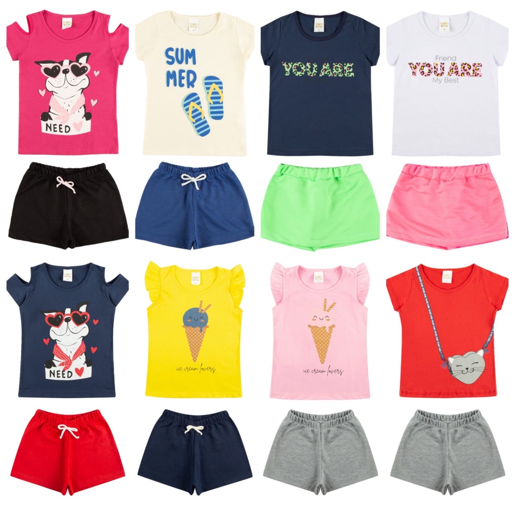 Kit Com 6 Conj Infantil Blusa+shorts Roupas De Menina 1/16