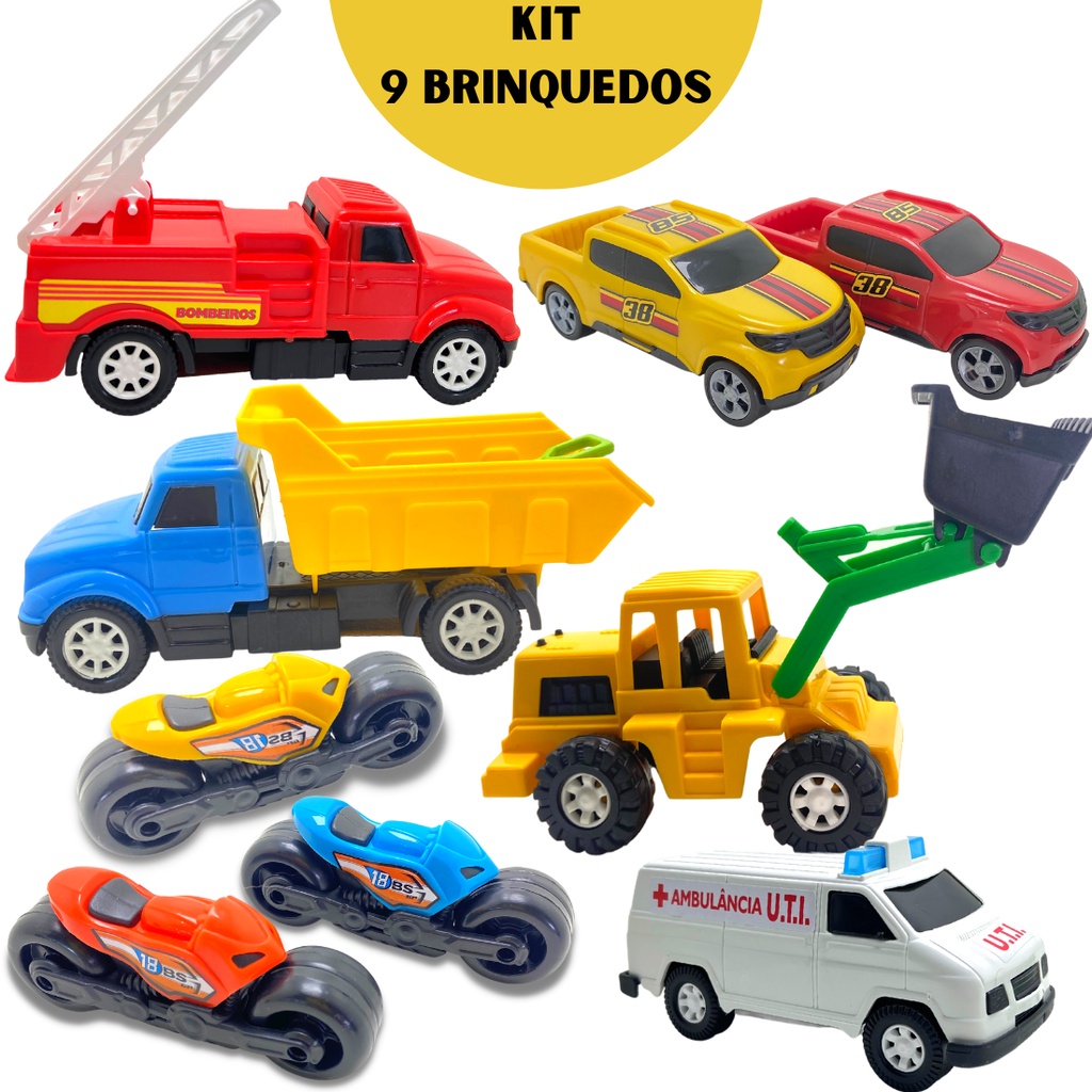 Kit 9 Brinquedo Carrinho Bombeiro Trator Caminhão Menino