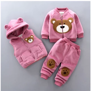 Conjuntos De Roupas Quentes De Inverno Para Bebês Meninos Meninas Capuzes Calças De Capuz Exterior 3Pcs De Algodão Veludo Crianças De Outono 1-4 Anos