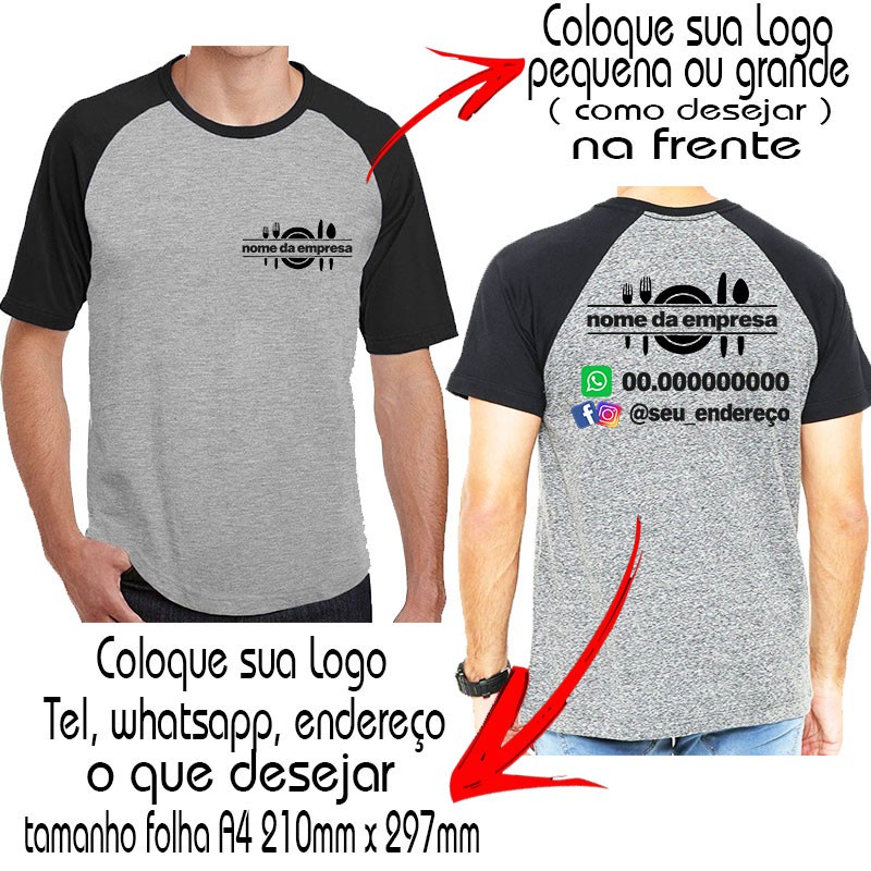 2 Camisetas Personalizadas sua Arte Logo Raglan Frente e Costas