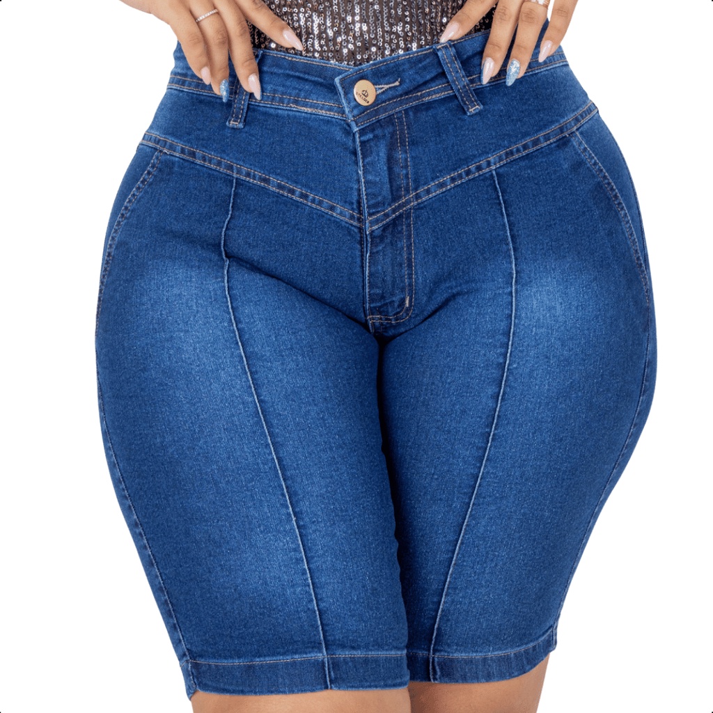 short plus size clochard jeans cintura super alta com faixa azul escuro -  C&A