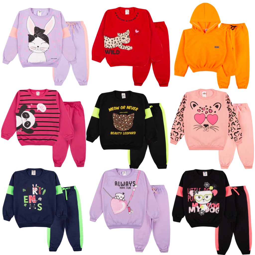 Kit Sortido 6 Peças de Roupas Feminino Infantil Inverno – 3 blusas casacos + 3 calças de 1 ao 10 – Kit 3 Conjuntos Moletom Infantil Menina Inverno com Calça e Casaco