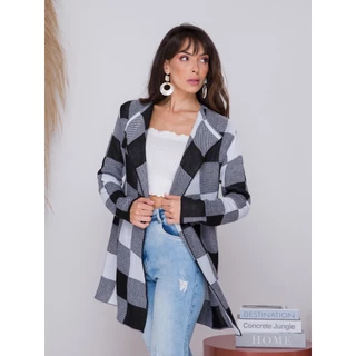 Cardigã feminino estampa xadrez kimono de frio sobretudo tricô