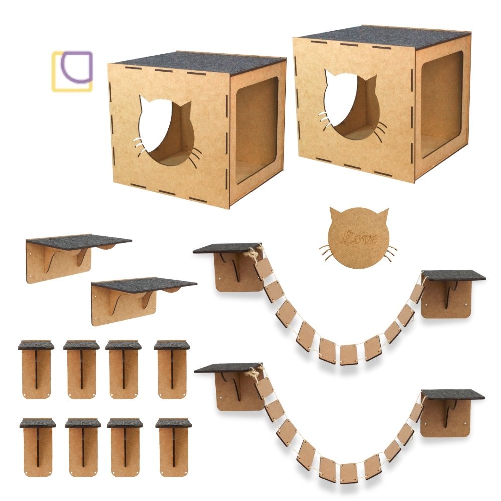 Kits Playground para Gato Com Arranhador Nicho Ponte Prateleira Comedouro Brinquedo Pet Gatil de Parede