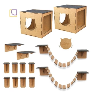 Kit Playground Gato Arranhador Nicho Ponte Prateleira Comedouro Brinquedo Pet Gatil de Parede