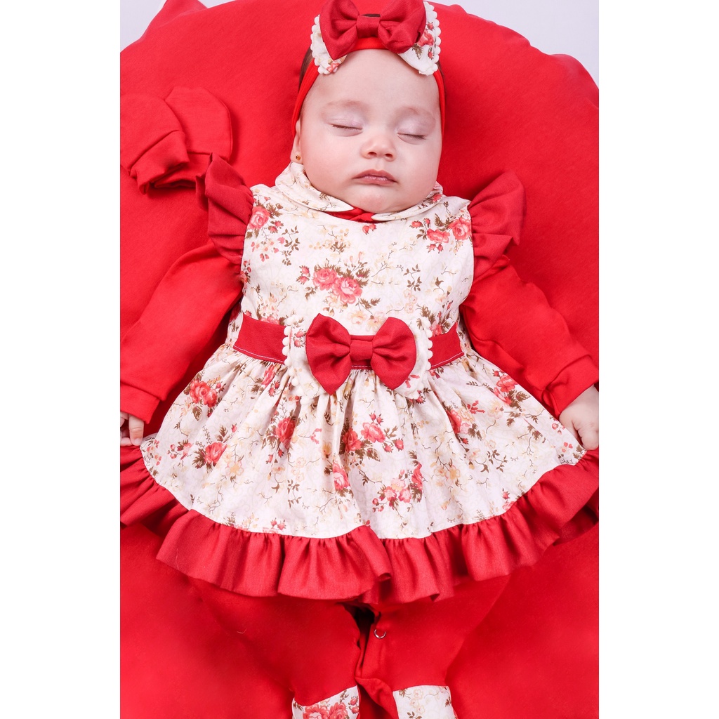 Saída de Maternidade Para Bebe Menina Linda Rosa Bola 05 peças Vermelha Poa  Roupas Para Bebê