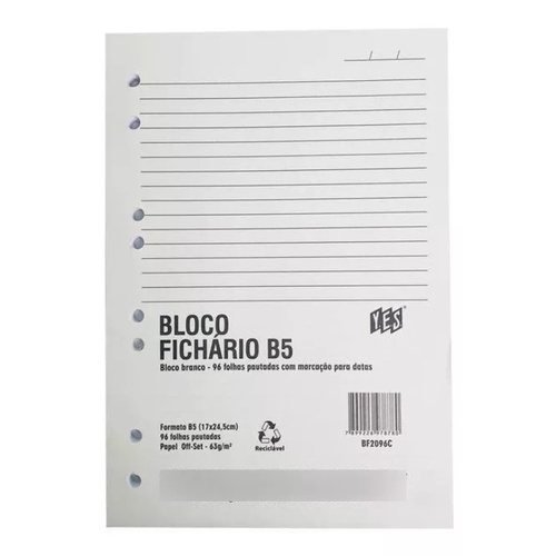 Bloco de 96 Folhas para Fichário Colegial B5 Branco Yes