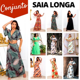 Conjunto Feminino Saia Longa + Cropped Multiforma Cintura Alta Moda Evangélica Casual