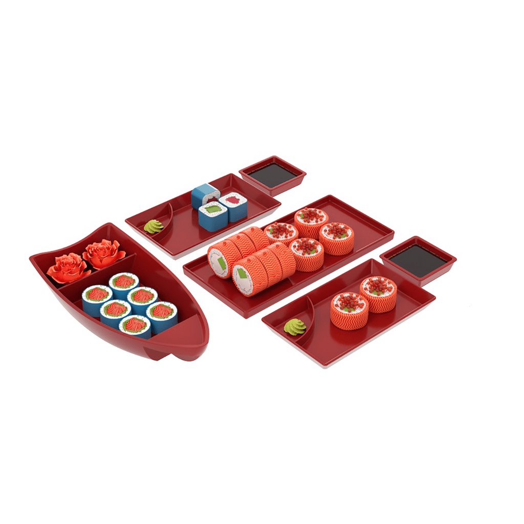 Kit Sushi 6 Peças Com Barca Pratos e Travessa vermelho - Coza