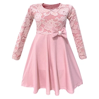 Vestido Infantil De Renda Manga Longa Rodado E Laço