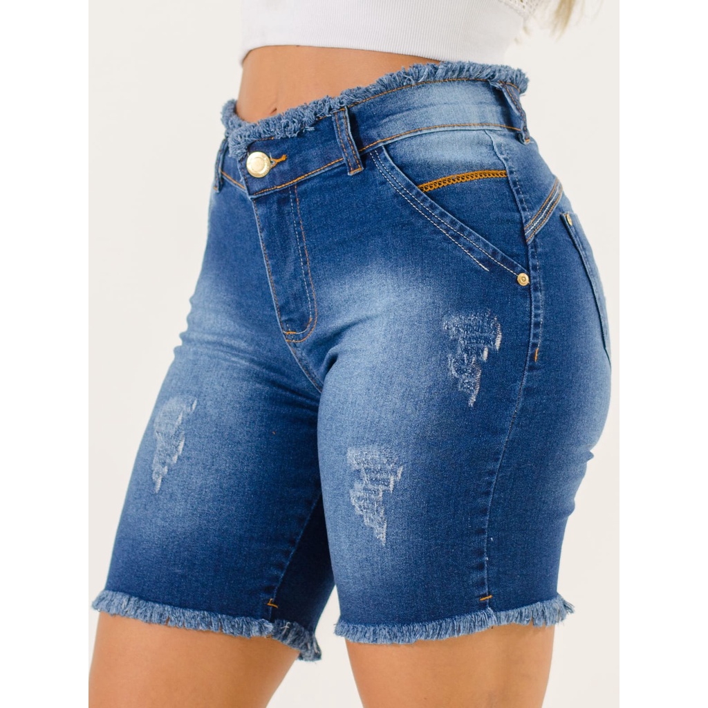 Bermuda jeans feminina Cintura alta desfiado e com costura empina ...