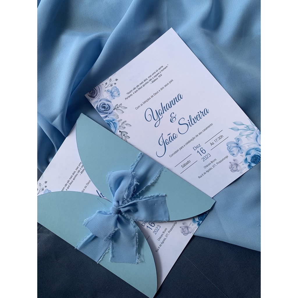 Convite de Casamento Azul Serenity com laco artesanal de Tecido 10,15 ...