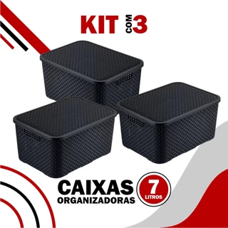 Kit Com 3 - Cesto Caixa Organizadora Rattan - 7 Litros - Com Tampa - Preto