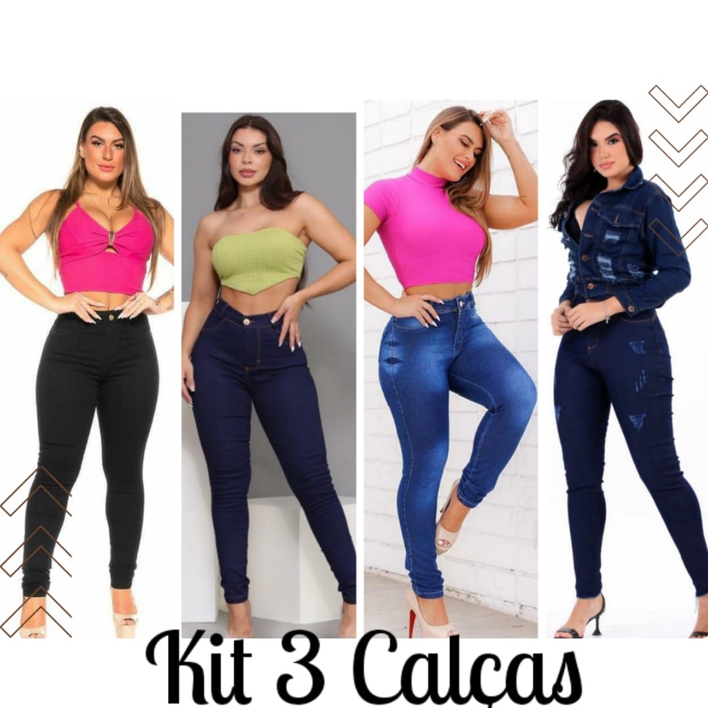 Kit 3 Calças Jeans Femininas Skinny Com Lycra Cós Alto Levanta Bumbum