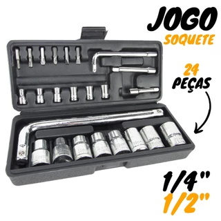 Jogo De Soquete Sextavado 1/4" e 1/2" Titanium 24 Peças