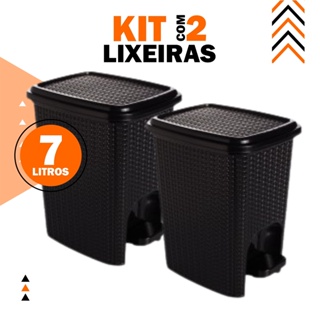 Kit 2 Lixeiras Rattan Cozinha Banheiro Escritório 7 Litros Preta C/pedal